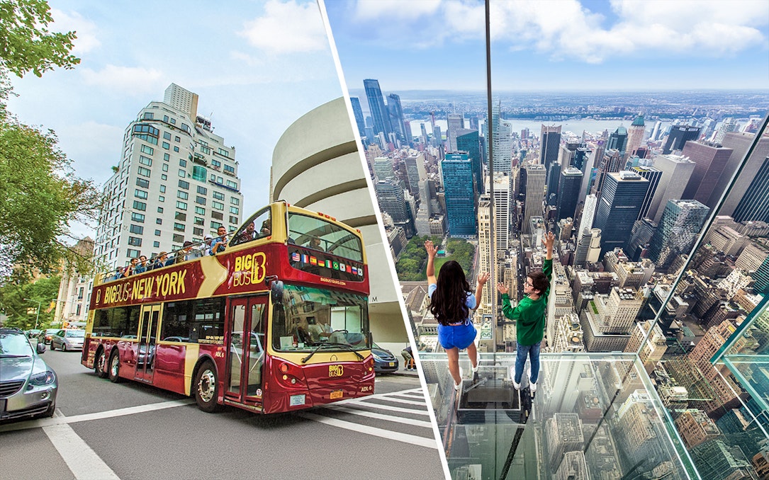 Big Bus New York City tour near Guggenheim Museum and view from SUMMIT One observatory.