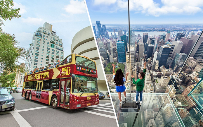 Big Bus New York City tour near Guggenheim Museum and view from SUMMIT One observatory.