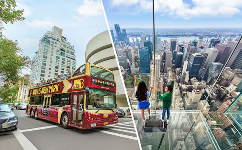 Big Bus New York City tour near Guggenheim Museum and view from SUMMIT One observatory.