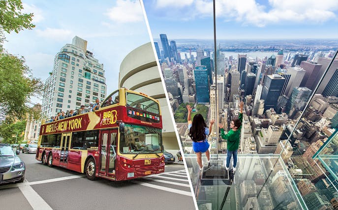 Big Bus New York City tour near Guggenheim Museum and view from SUMMIT One observatory.