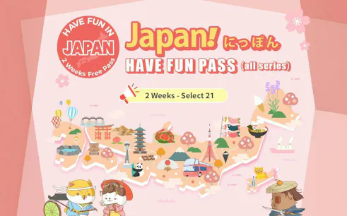 Japan map illustration with landmarks and "Have Fun Pass" text.