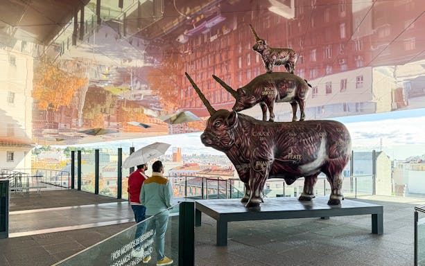 Visitors viewing a stacked animal sculpture at Reina Sofia Museum, Madrid.