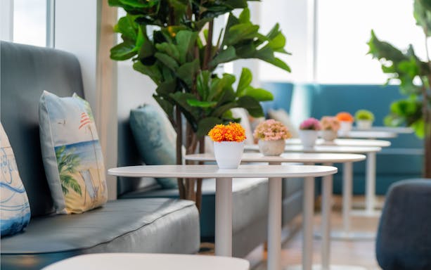 Seating area with plants and tables at Plaza Premium Lounge, London Gatwick Airport.
