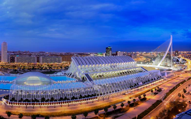 Hemisfèric and Science Museum in Valencia at dusk, showcasing modern architecture.