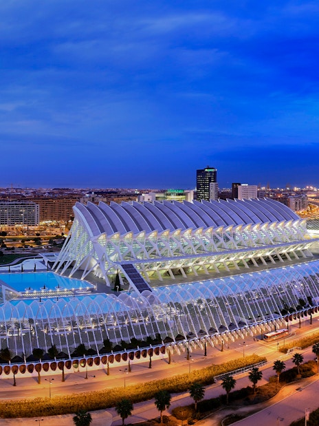 Hemisfèric and Science Museum in Valencia at dusk, showcasing modern architecture.