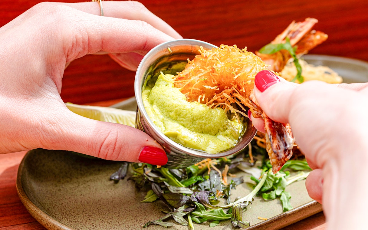Shrimp with green sauce at Brasserie Auteuil, Paris.