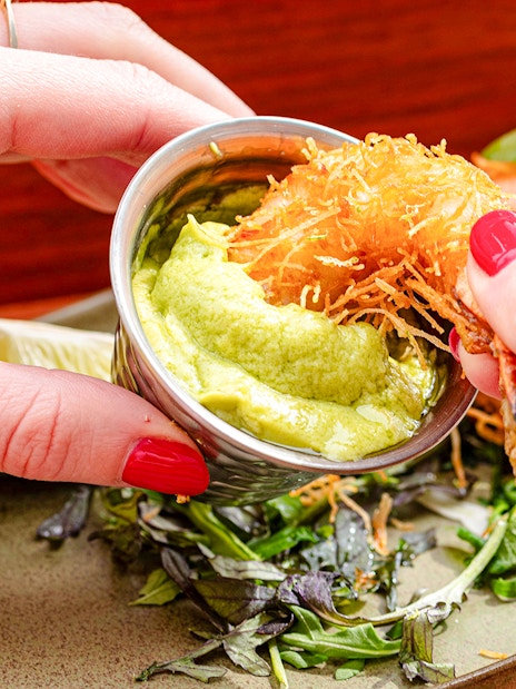 Shrimp with green sauce at Brasserie Auteuil, Paris.