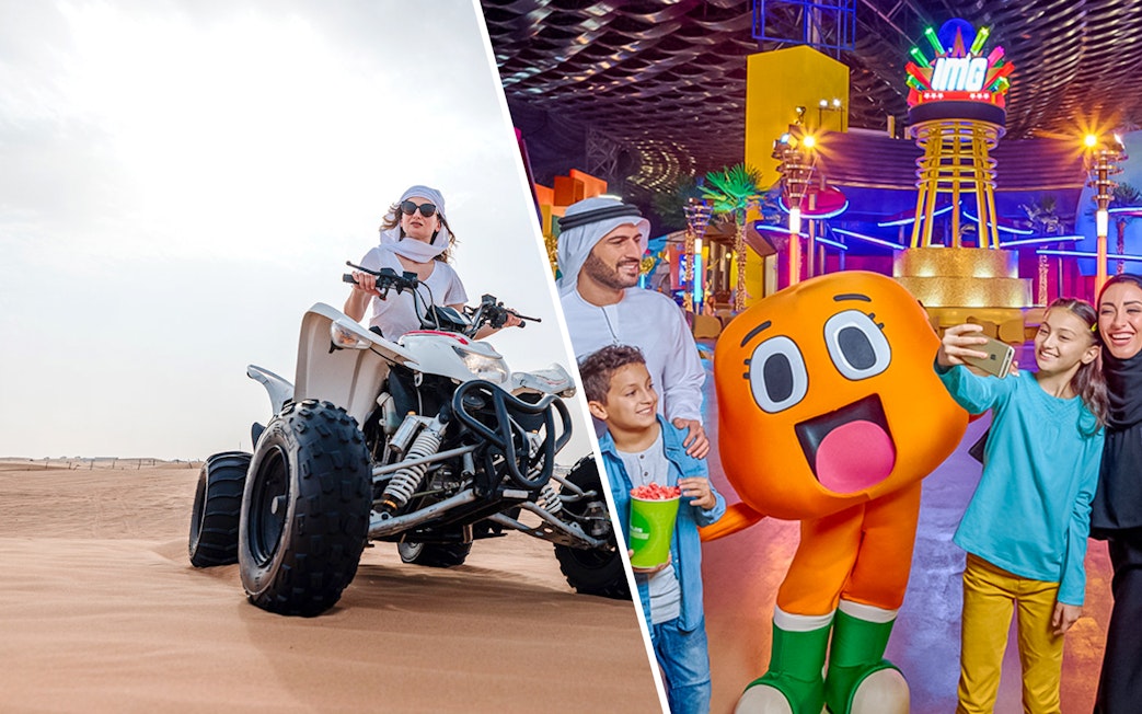 Desert quad biking and family enjoying IMG Worlds of Adventure in Dubai.
