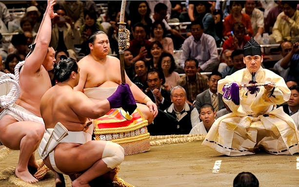 Sumo wrestlers performing pre-match ritual in a Japanese sumo ring.
