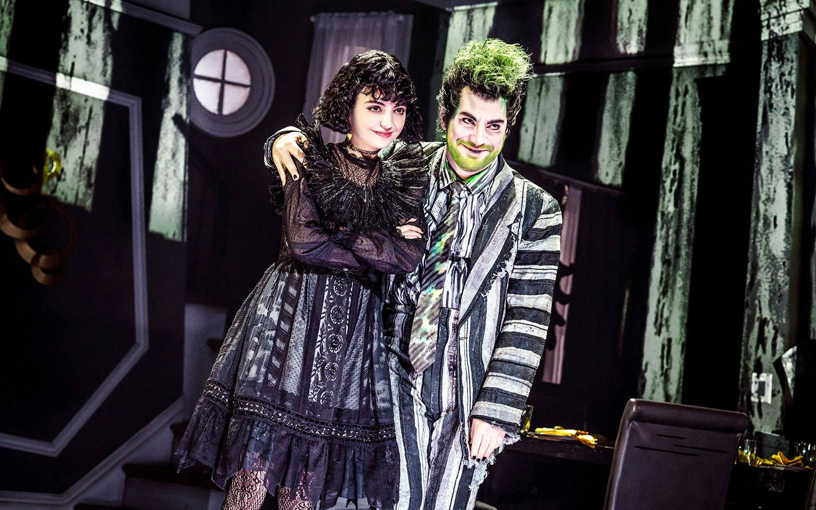 Performer in costume at Beetlejuice Broadway show.