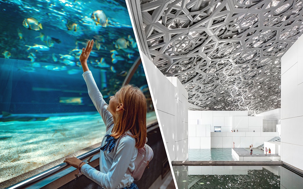 Child observing fish at National Aquarium Abu Dhabi; intricate ceiling of Louvre Museum Abu Dhabi.