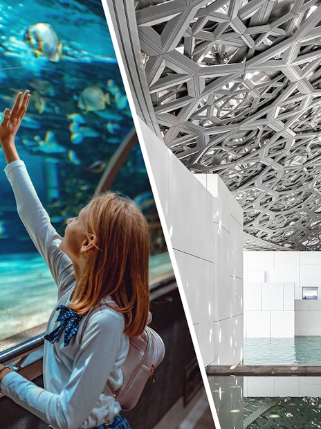 Child observing fish at National Aquarium Abu Dhabi; intricate ceiling of Louvre Museum Abu Dhabi.