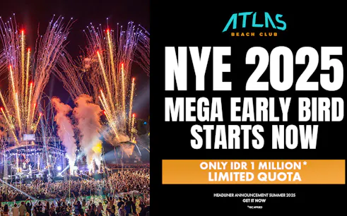 Fireworks and crowd at Atlas Beach Club Bali for New Year’s Eve 2025 event.