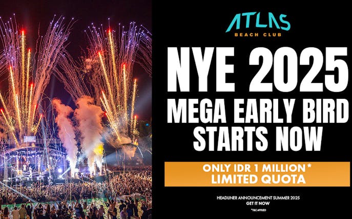 Fireworks and crowd at Atlas Beach Club Bali for New Year’s Eve 2025 event.