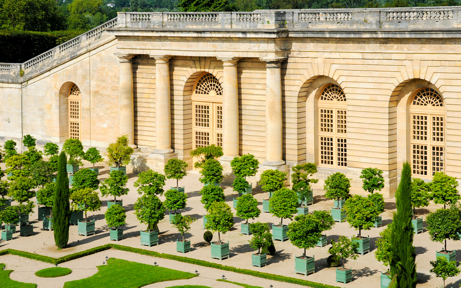 Orangery garden with potted trees at Versailles Palace, France.