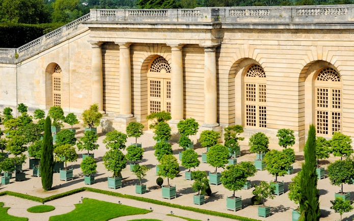 Orangery garden with potted trees at Versailles Palace, France.