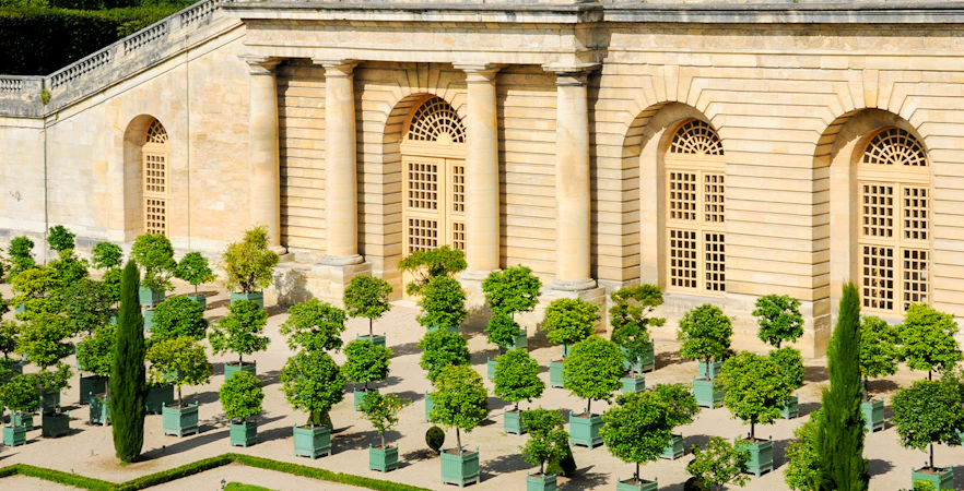 Orangery garden with potted trees at Versailles Palace, France.