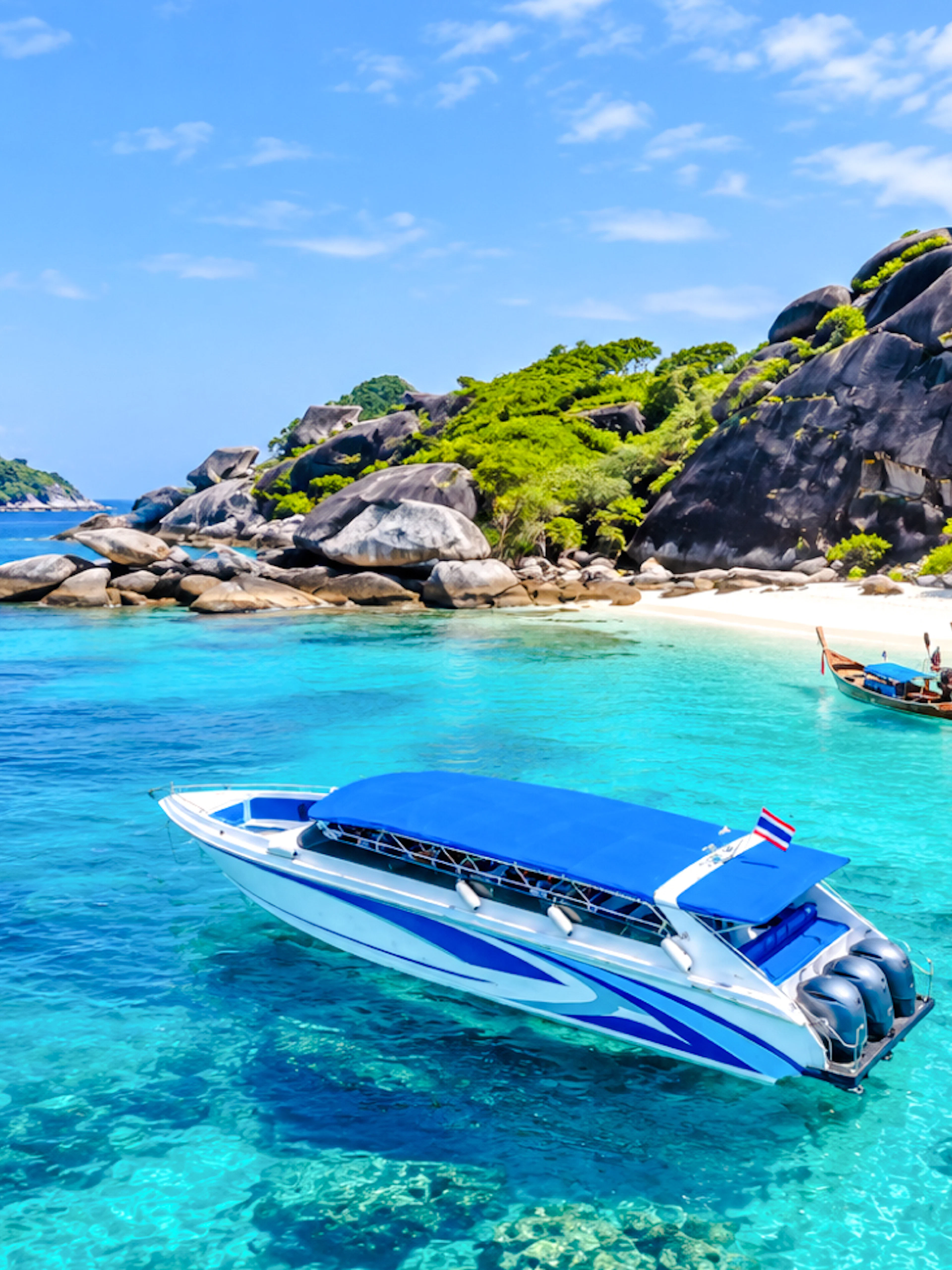 Speedboat near Similan Island's rocky shore and clear waters, Phuket day trip.