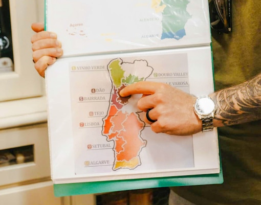 Tour guide showing map to group on Lisbon food tour.