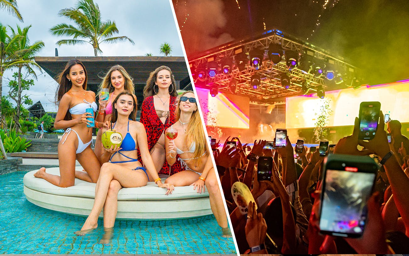 Atlas Night Club poolside gathering and vibrant concert scene with crowd.