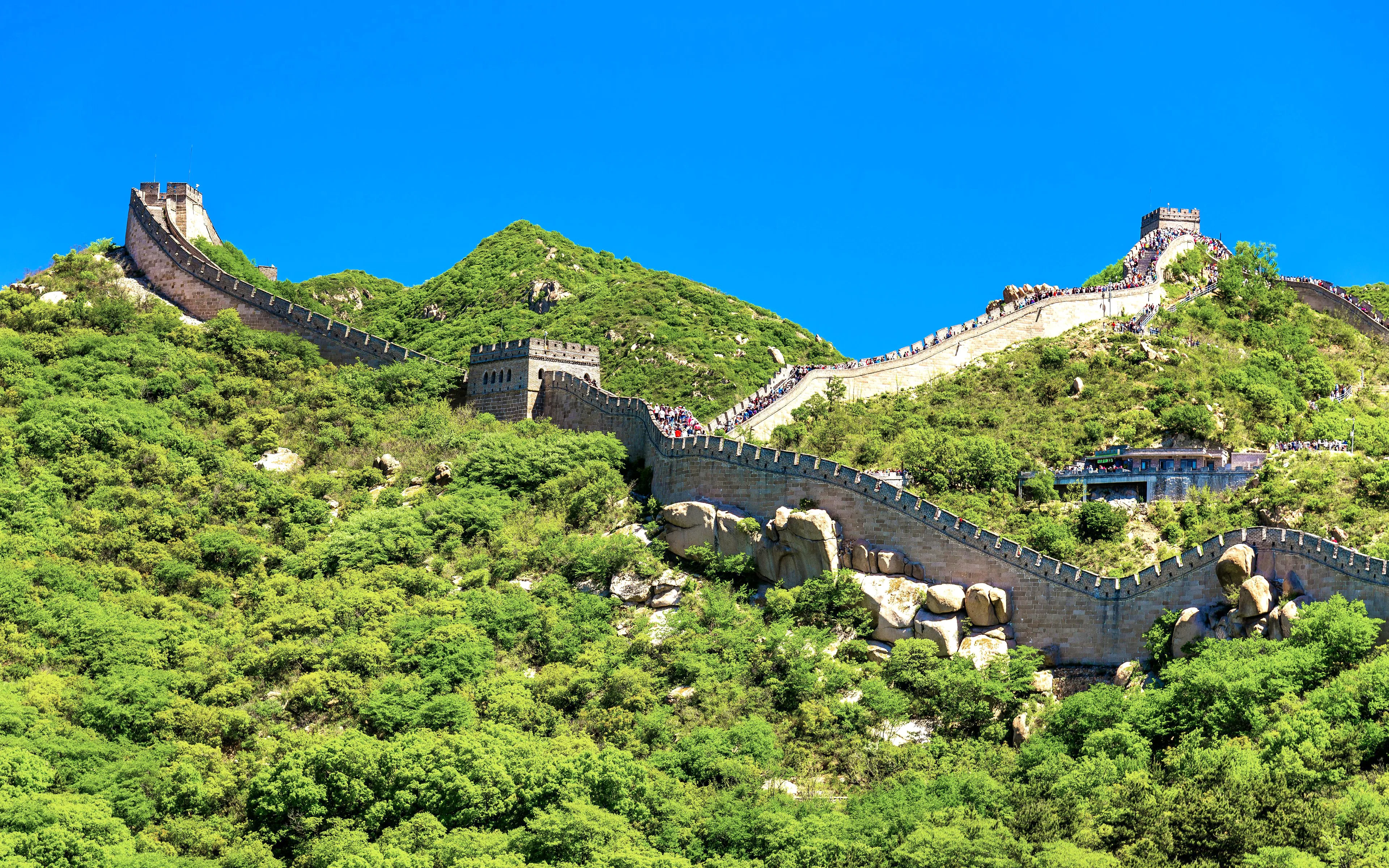Great Wall of China winding over green hills under a clear blue sky.
