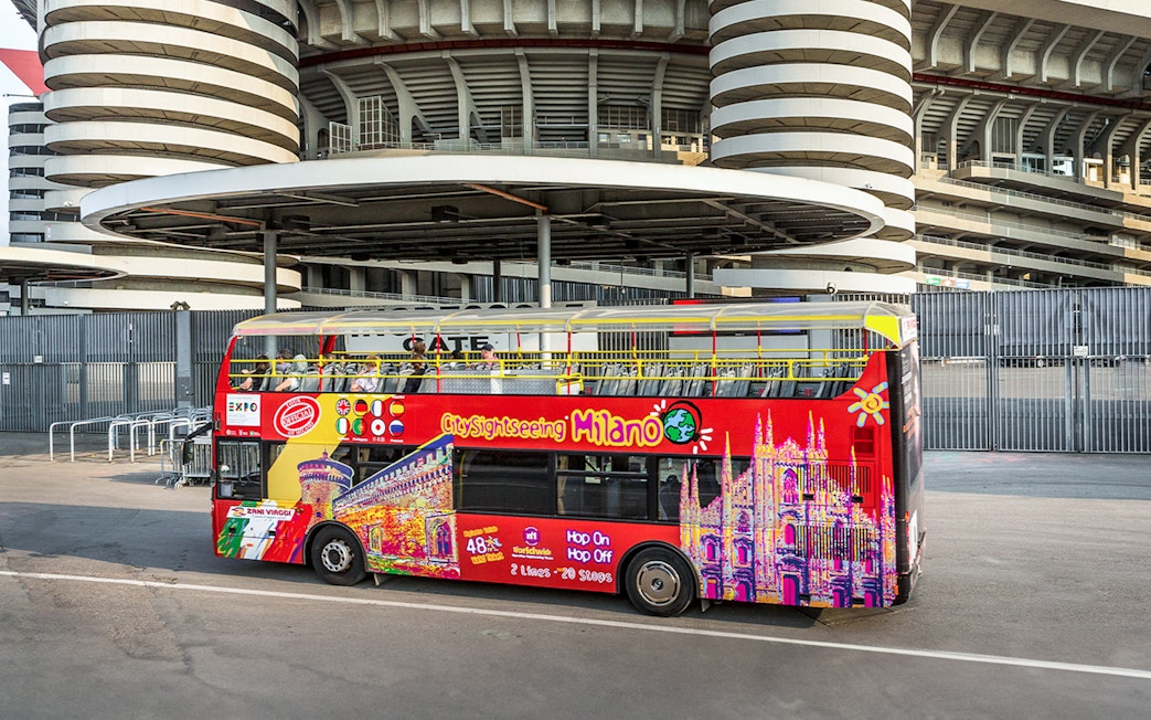 Hop-on hop-off bus near San Siro Stadium in Milan.