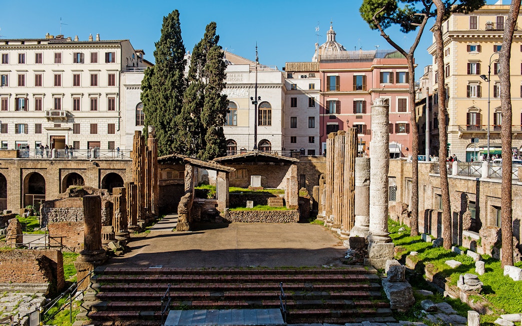Largo di Torre Argentina ruins in Rome with ancient columns and surrounding buildings.