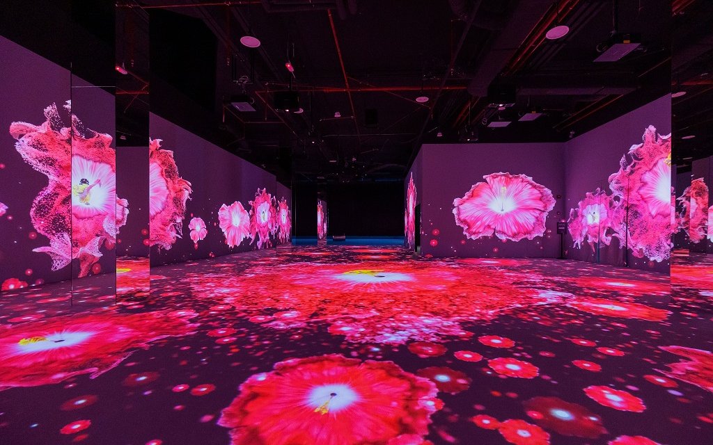 Immersive digital art installation with vibrant pink floral projections in Kuala Lumpur.