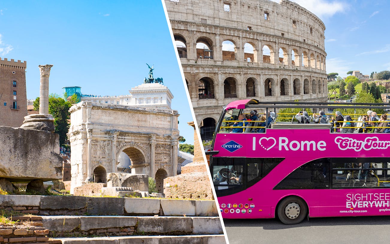 Velabrum arch and pink hop-on hop-off bus near Colosseum, Rome.