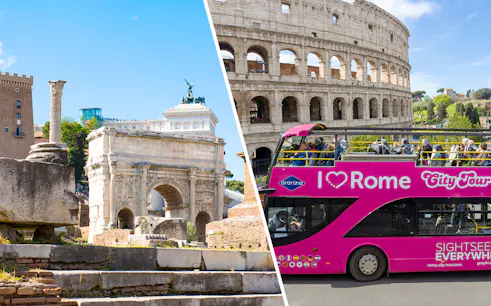 Velabrum arch and pink hop-on hop-off bus near Colosseum, Rome.