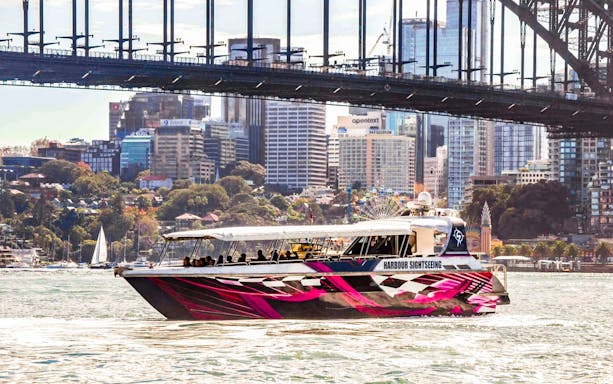 Sydney Harbour cruise boat passing under Harbour Bridge with city skyline in background.