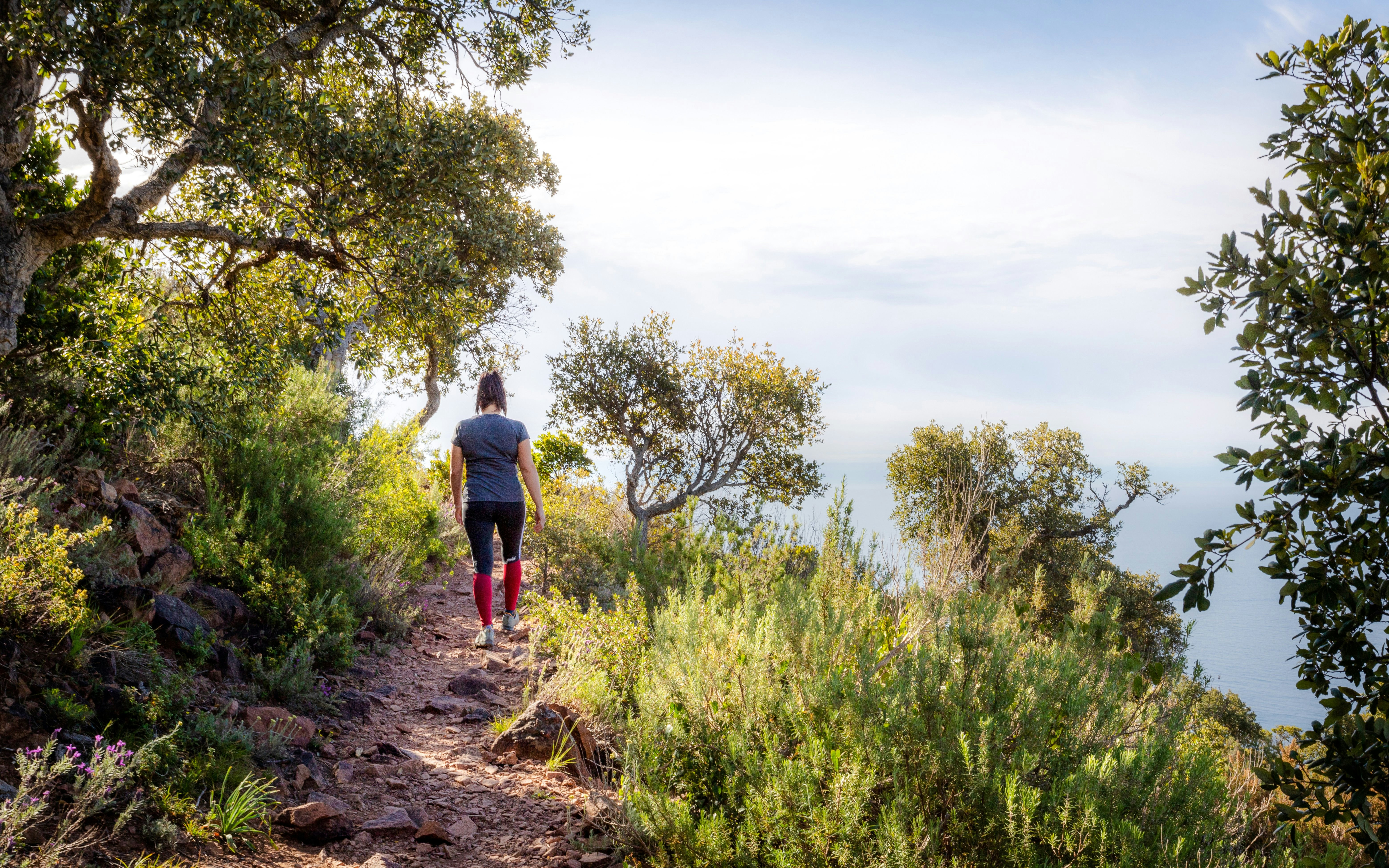 Hiker on a scenic trail overlooking the sea in the French Riviera.