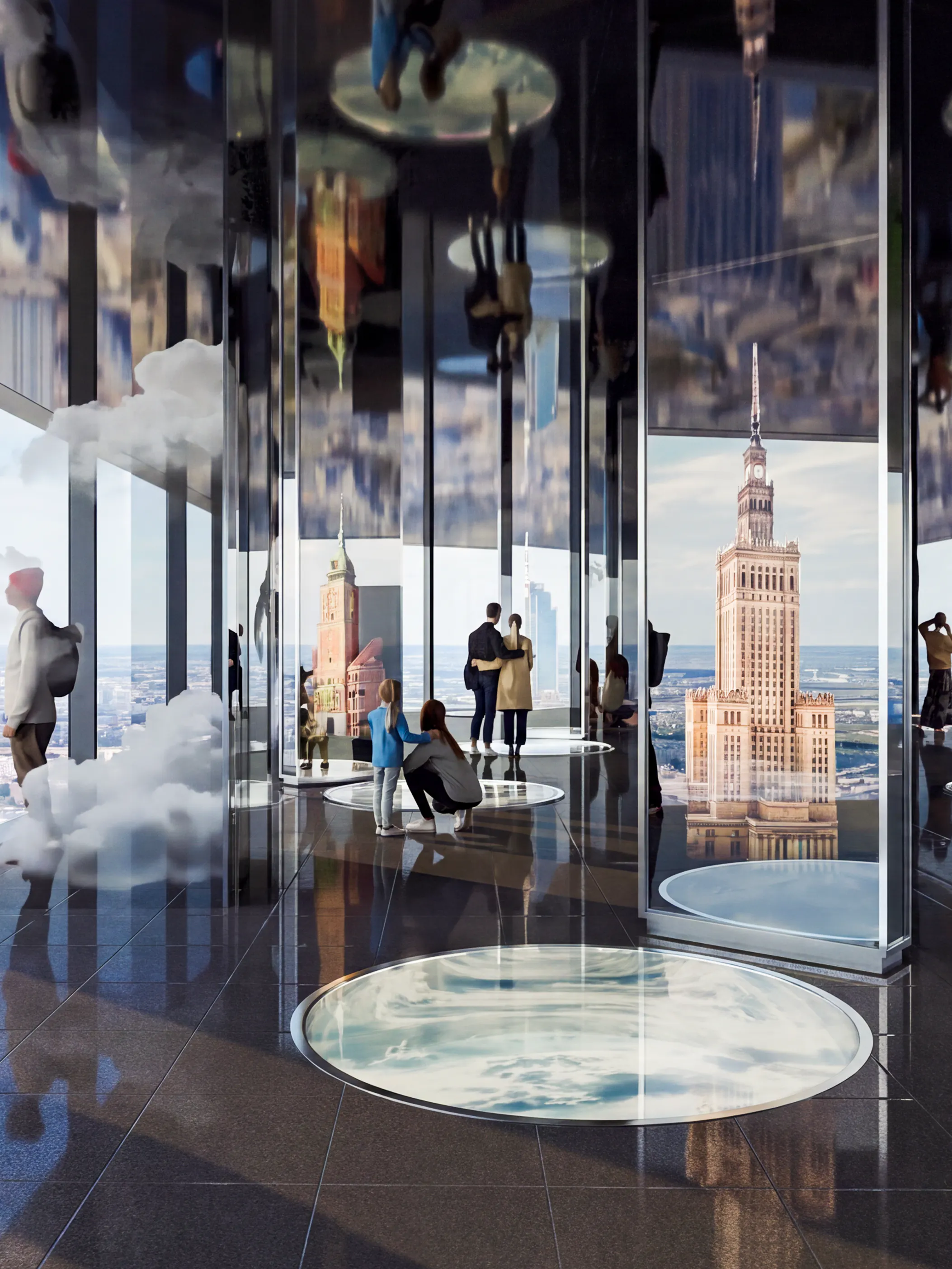 Guests exploring immersive animations of Warsaw's history at Highline Warsaw.