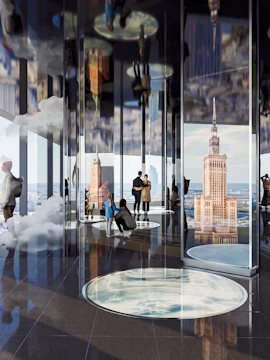 Guests exploring immersive animations of Warsaw's history at Highline Warsaw.