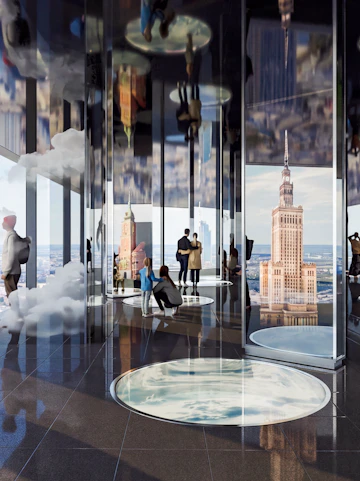 Guests exploring immersive animations of Warsaw's history at Highline Warsaw.