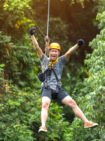 Person ziplining through lush forest in Rotorua, New Zealand.