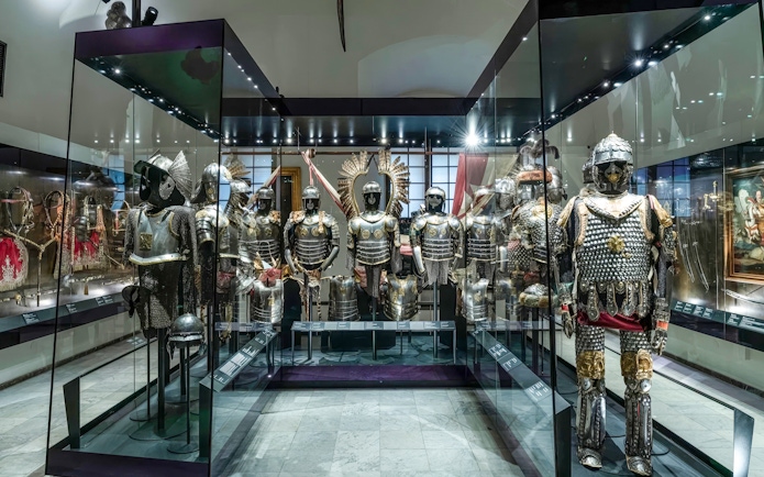 Armour display in the Armoury at Wawel Castle, Kraków, Poland.
