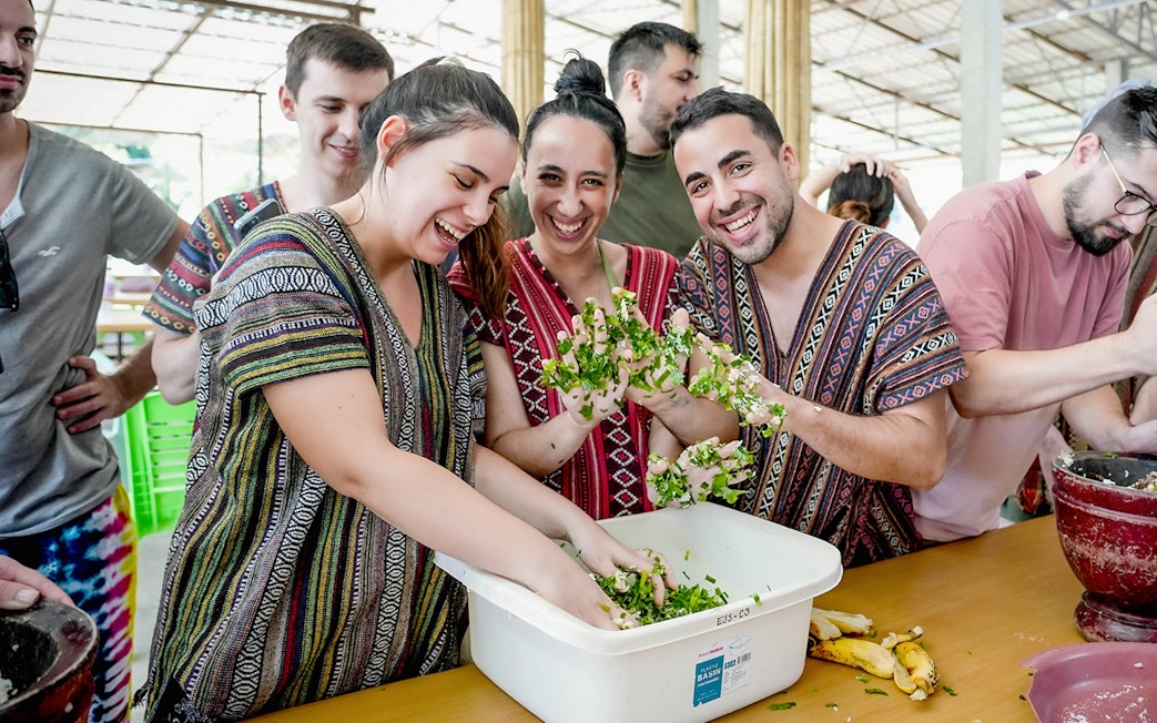 Visitors preparing elephant meal at a sanctuary, mixing greens in a bowl.