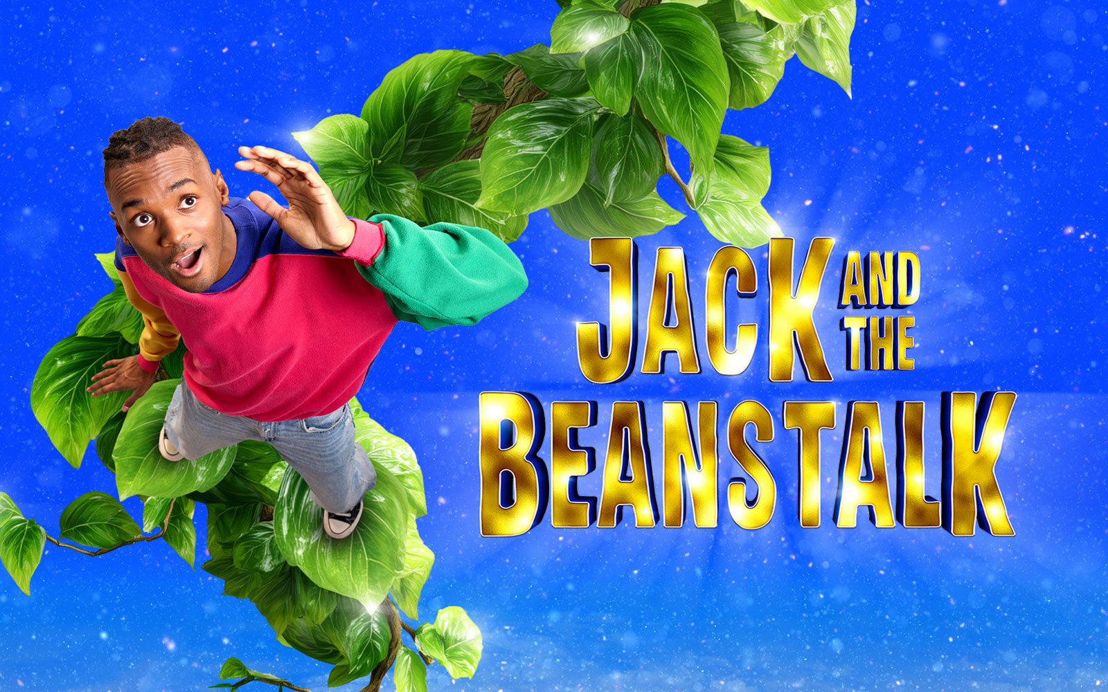 Jack climbing a giant beanstalk with "Jack and the Beanstalk" text on a starry background.