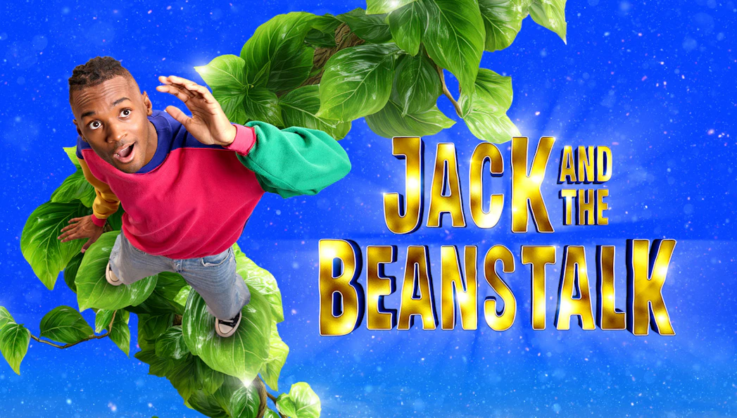 Jack climbing a giant beanstalk with "Jack and the Beanstalk" text on a starry background.