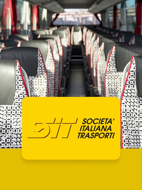 Shuttle bus interior with patterned seats, Società Italiana Trasporti logo.