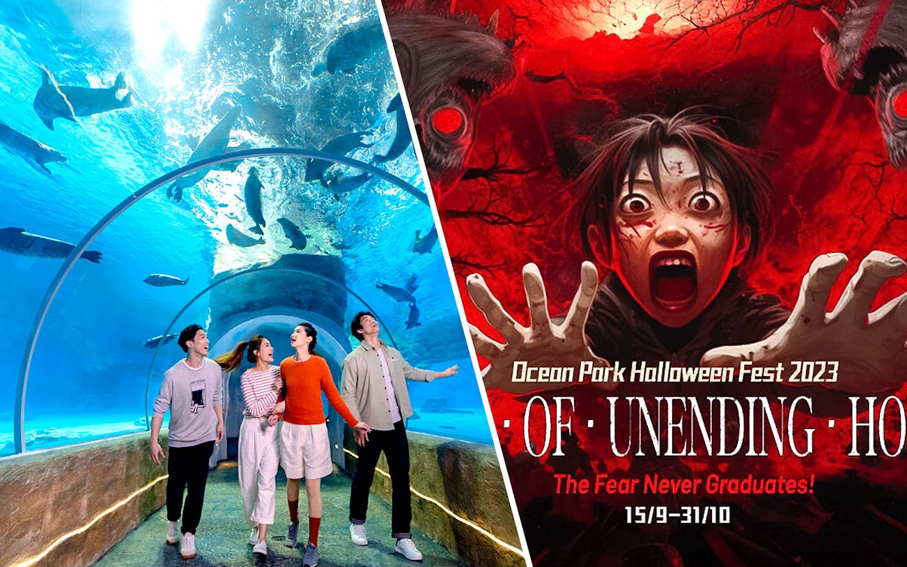 Visitors walking through Ocean Park's underwater tunnel and Halloween Fest 2023 poster.