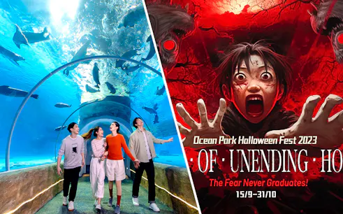 Visitors walking through Ocean Park's underwater tunnel and Halloween Fest 2023 poster.