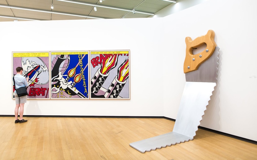 Visitor viewing pop art at Stedelijk Museum, Amsterdam.