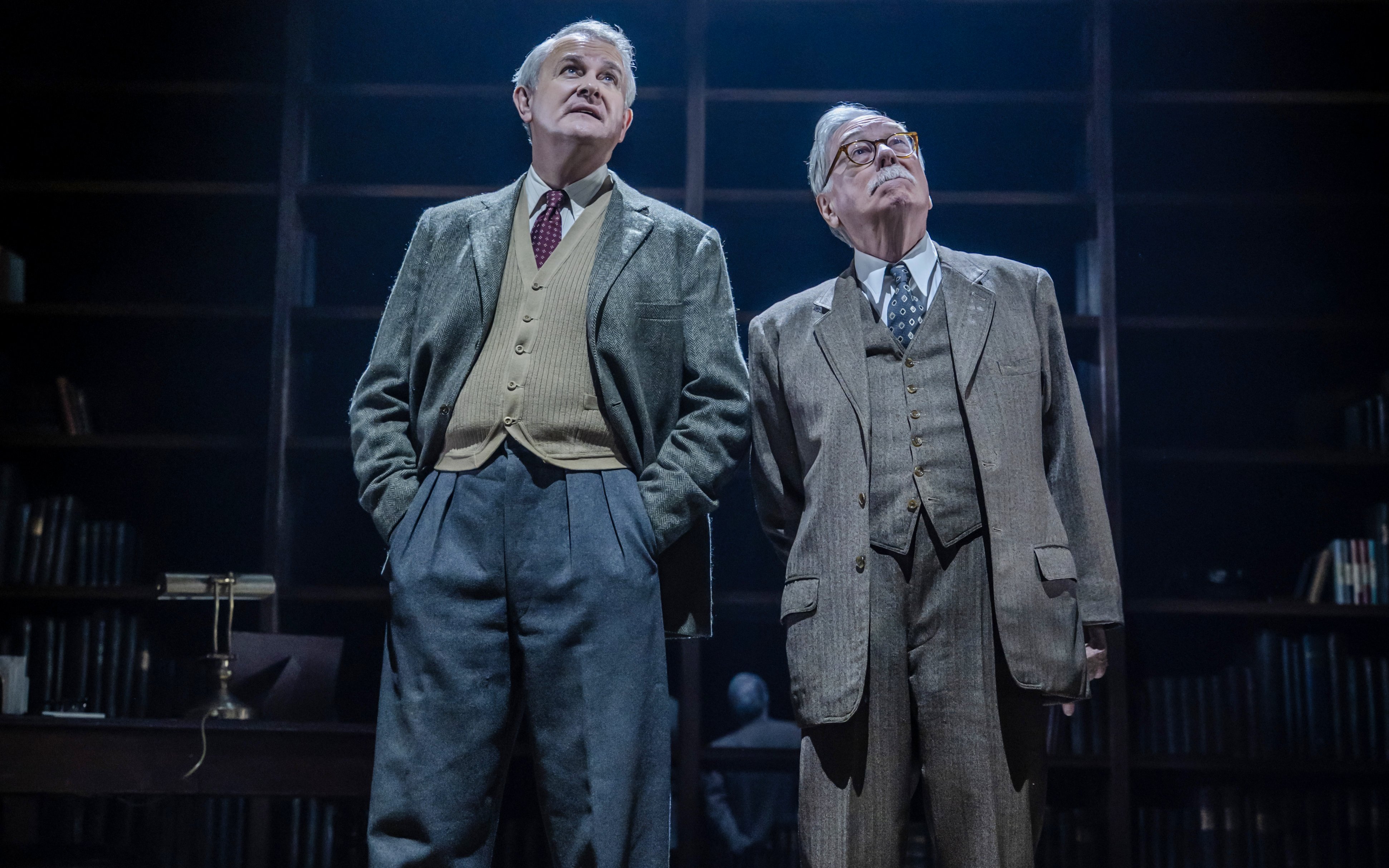 Stage performance of Shadowlands in Westend with two actors in suits.