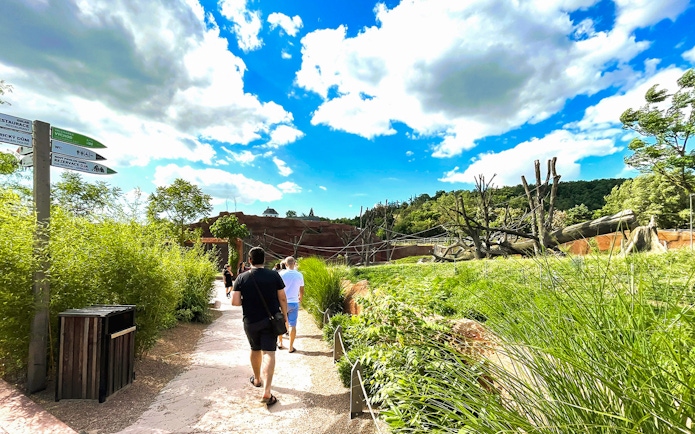 Visitors walking along a path surrounded by greenery at Prague Zoo.