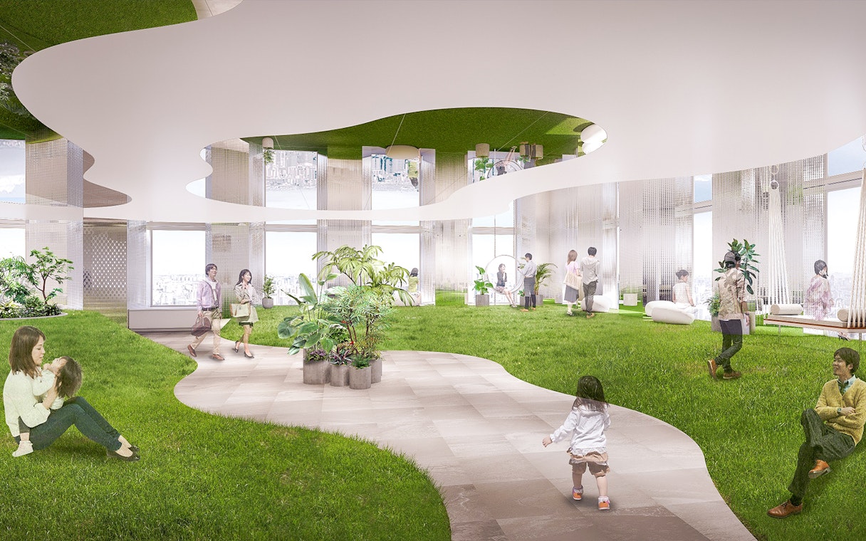 Visitors enjoying indoor greenery at Sunshine Aquarium, Tokyo.