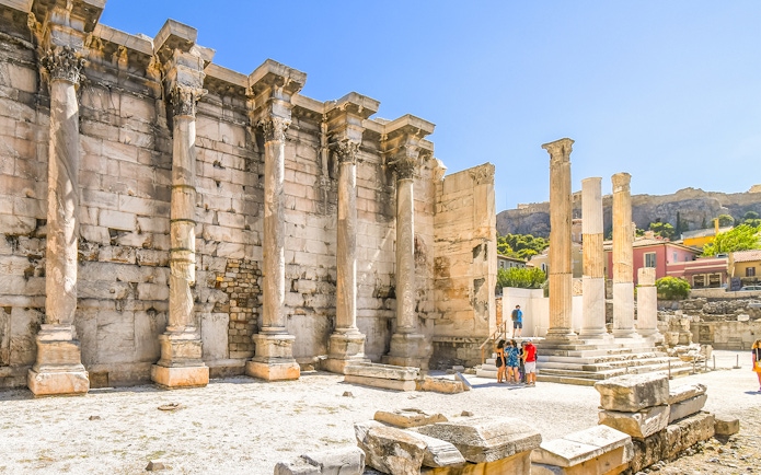 West Wall of Hadrian's Library with columns at Roman Agora, Athens.
