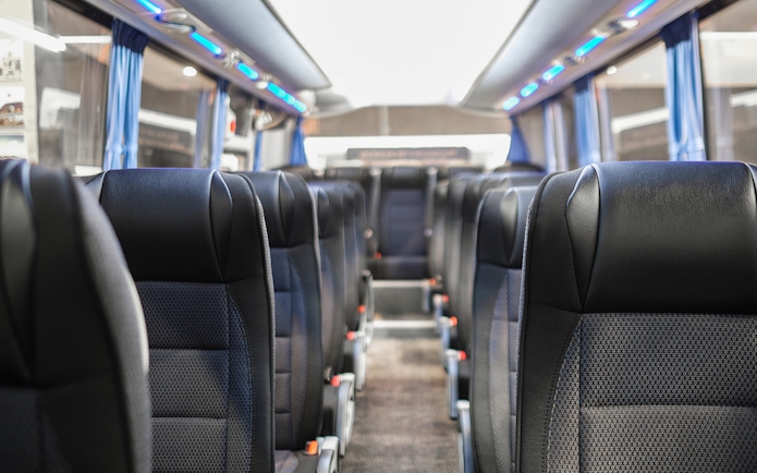 Interior of a tour bus used for Stonehenge excursions with audio guide.