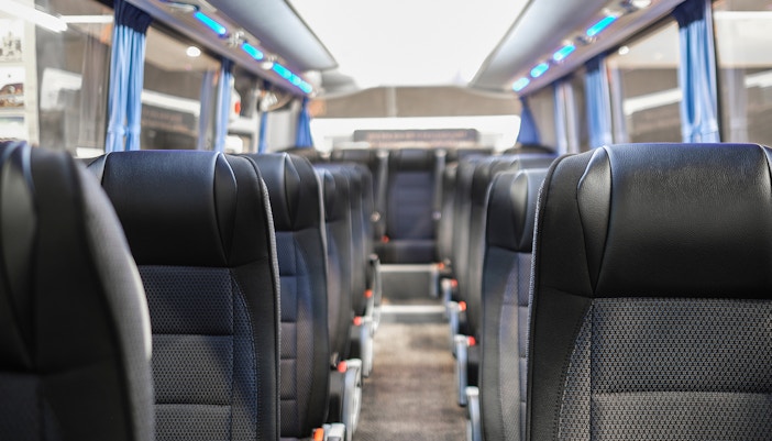 Interior of a tour bus used for Stonehenge excursions with audio guide.